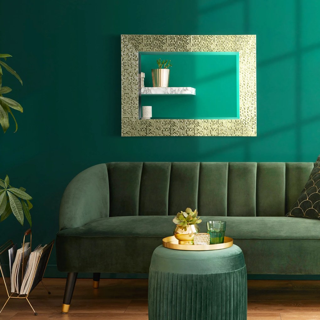 HOMCOM Espelho de Parede 80x60cm Espelho Decorativo com 4 Ganchos e Estrutura de Mosaico 3D Estilo Moderno para Sala de Estar Dormitório Sala de Jantar Entrada Dourado