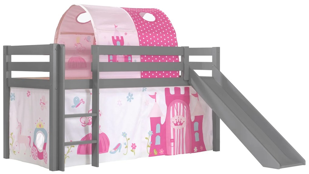 Conjunto Cama alta de Criança PINO 90 x 200 cm + estrado + escada + escorrega + tunel + cortina Princesa Cinzenta