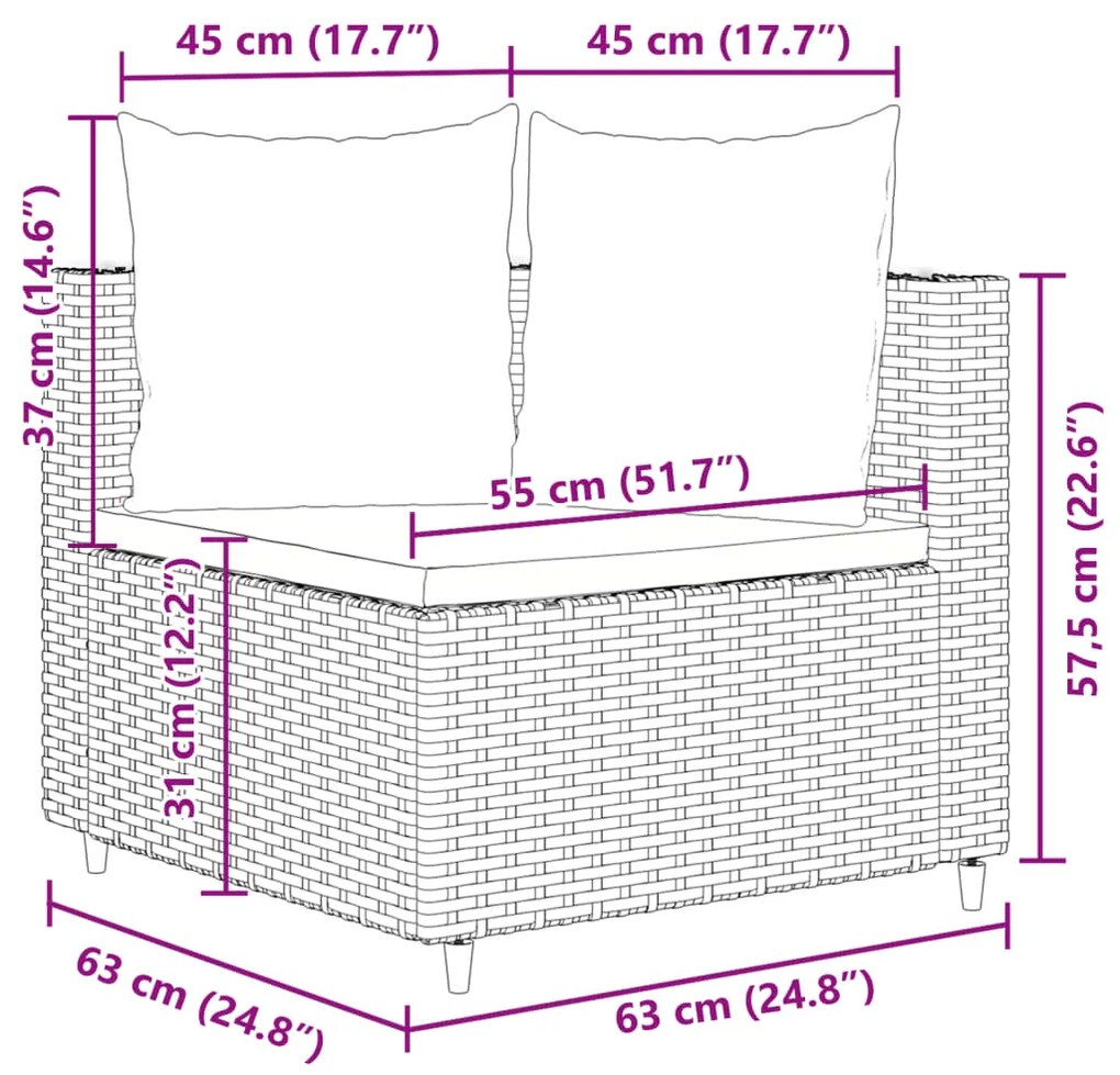 9 pcs conjunto sofás p/ jardim c/ almofadões vime PE castanho