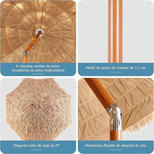 Guarda-sol Ø 220 cm havaiano em palha Plastico PP (BASE NÃO INCLUIDA) com 8 varas e proteção UV natural