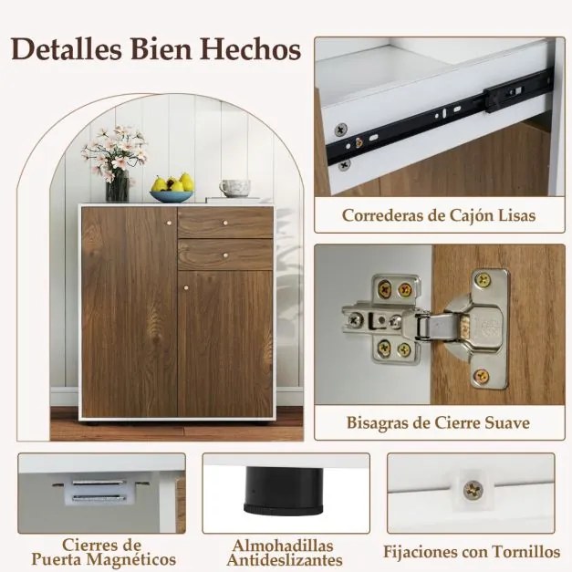 Aparador armário para cozinha ou sala 74 x 35 x 85,5 cm com 2 gavetas, 2 portas e 3 prateleiras ajustáveis, estilo rústico moderno Natural+Branco