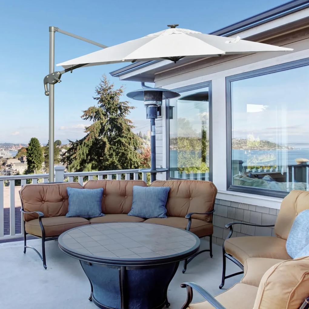 Outsunny Guarda-sol de alumínio de 300 cm Proteção UV 50+ 360 ° Giratório com manivela e luzes LED Painel solar teto reclinável base cruzada