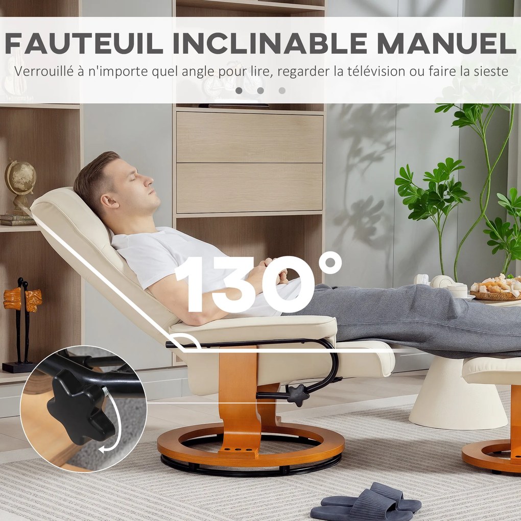 Poltrona de relaxamento reclinável com apoio para os pés, giratória, estrutura em madeira, estofo sintético em tom creme