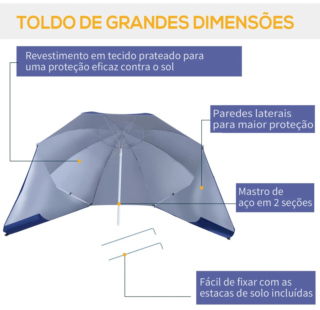 Chapéu de Sol de Praia com Painéis Laterais Tipo Tenda Chapéu de Sol para Praia com Proteção UV50 Φ210x222cm Azul