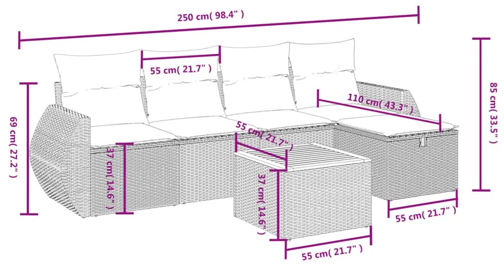 6 pcs conjunto sofás de jardim c/ almofadões vime PE preto