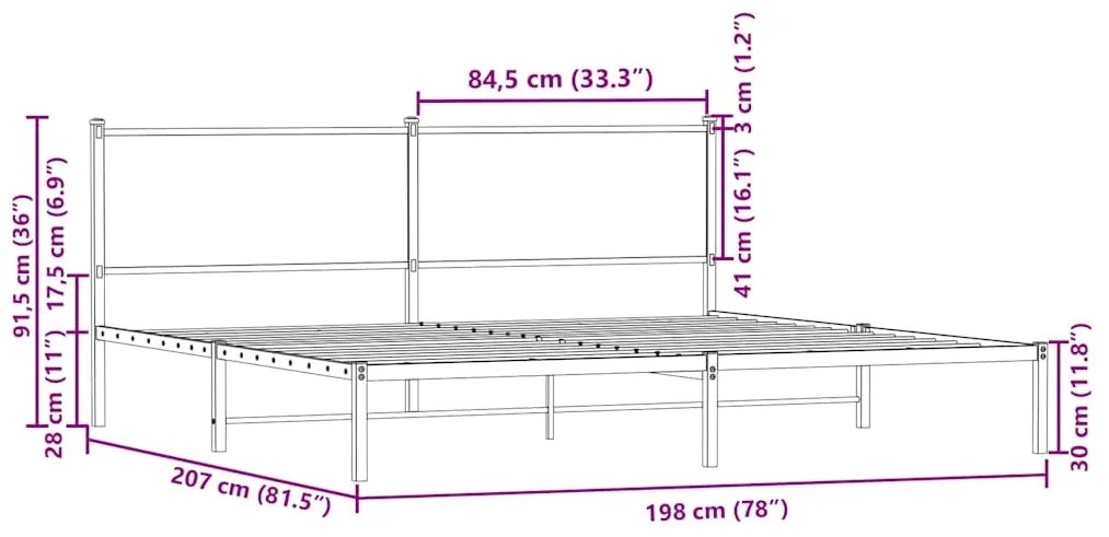 Estrutura de cama sem colchão 193x203cm metal carvalho sonoma