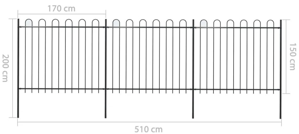 Cerca de jardim com topo em aros 5,1x1,5 m aço preto