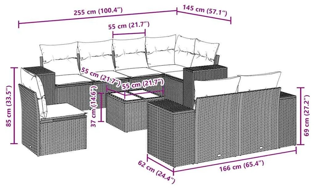 9 pcs conjunto de sofás p/ jardim c/ almofadões vime PE preto