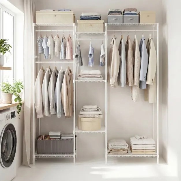 Guarda-roupa aberto portátil 188 x 46 x 198 cm conversível L metálico com 7 prateleiras ajustáveis 4 barras Carga 530 kg Branco