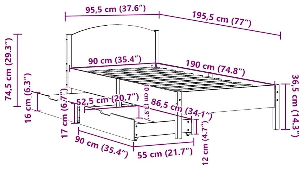 Cama sem colchão 90x190 cm madeira de pinho maciça branco