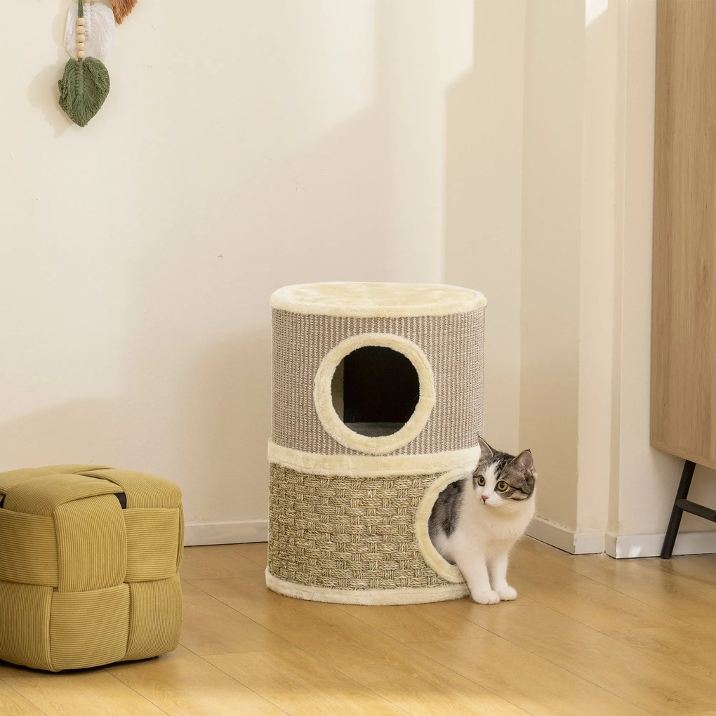 Arranhador em Forma de Cilindro para Gatos com 3 Níveis Plataforma e Caverna Confortável 37,5x37,5x70 cm Caqui e Bege