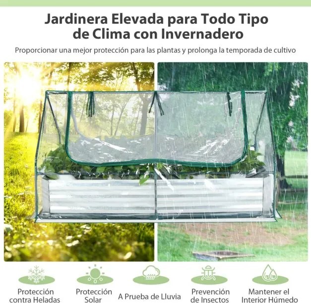 Canteiro elevado de 2 níveis com cobertura de estufa e janelas de enrolar Floreira sem fundo Rega fácil 180 x 90 x 91 cm