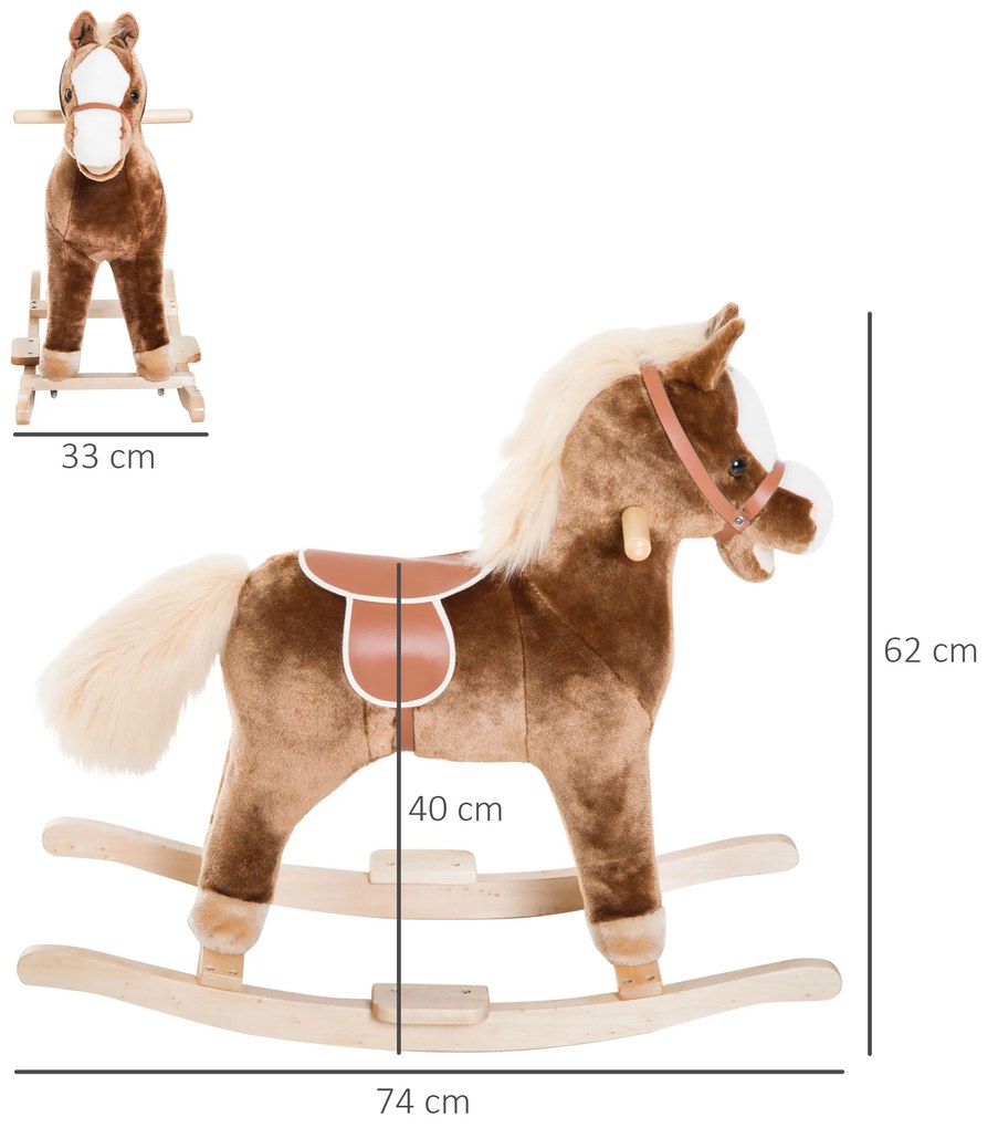 Cavalo de Baloiço para crianças +3 anos com Pegas Estrutura Metálica e Base em Madeira Carga 40 kg 74x33x62 cm Castanho