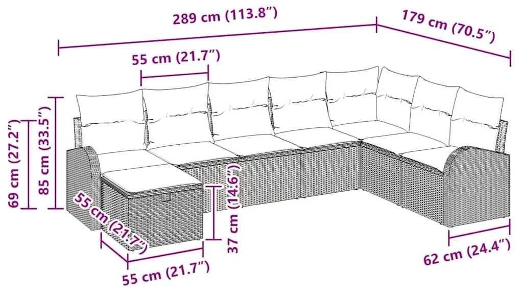 Conjunto de Sofá para Jardim de 8 Peças com Almofadas em Vime Preto