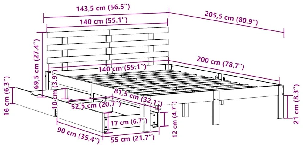Estrutura de cama c/ gavetas 140x200 cm madeira de pinho maciça
