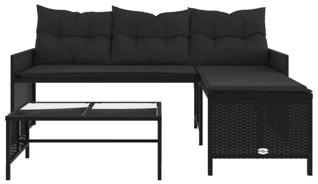 Sofá de jardim em forma de L c/ mesa e almofadões vime PE preto