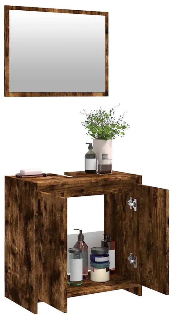 2 pcs conj. móveis casa de banho derivados madeira cor fumado