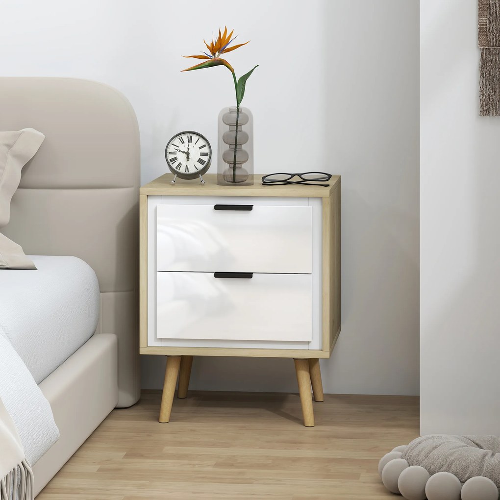 Mesa de Cabeceira, 40 x 35 x 50 cm, 2 Gavetas Silenciosas, Castanho e Branco Brilhante
