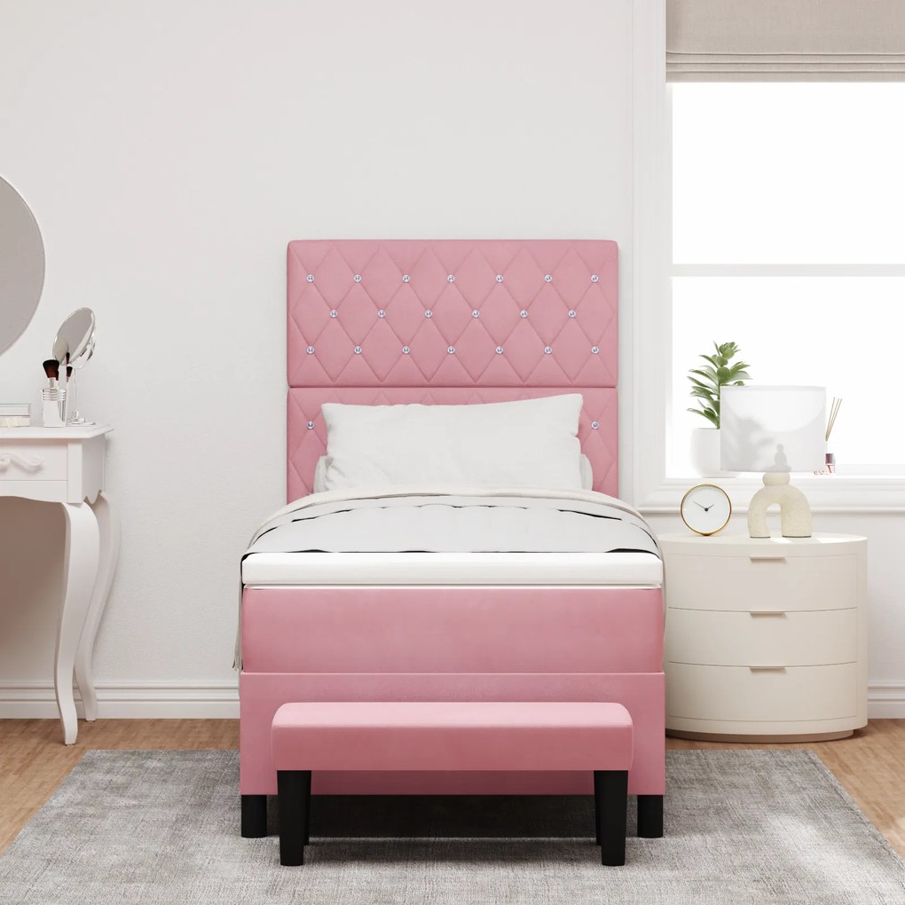 Cama Box Spring com Colchão e Banco Rosa 90x200 cm Veludo
