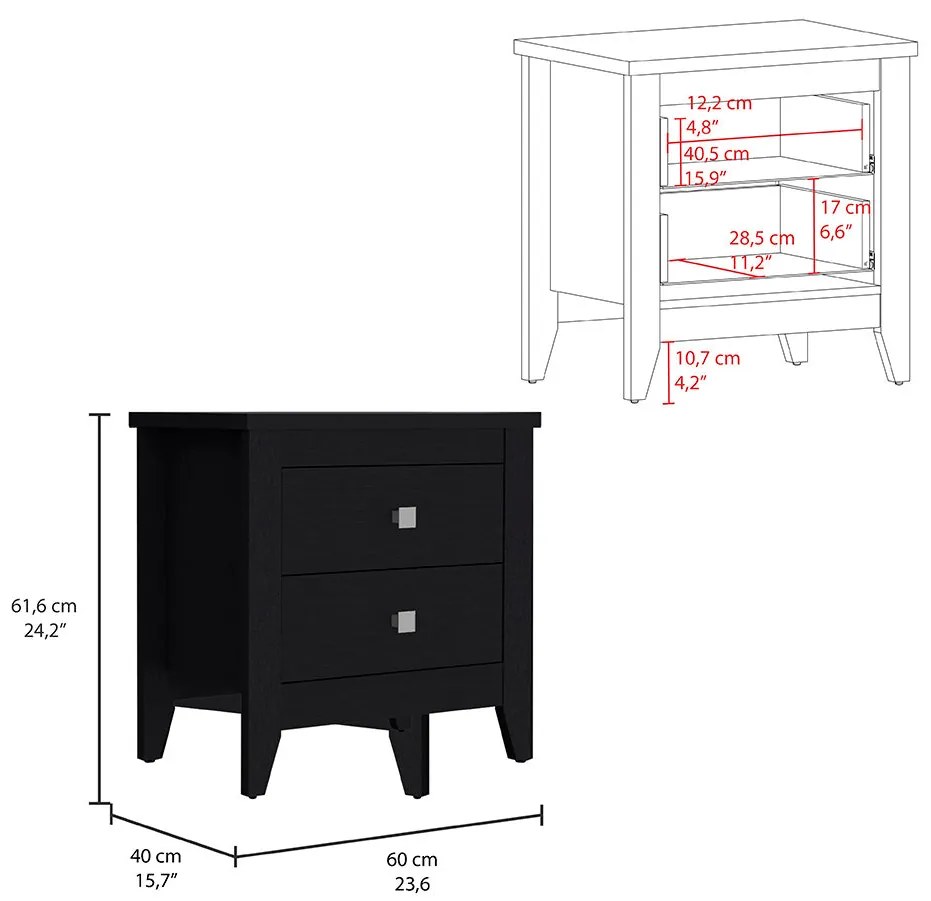 Mesa de cabeceira Amara em melamina com calhas metálicas 61,6 x 60  x 40 cm, preta