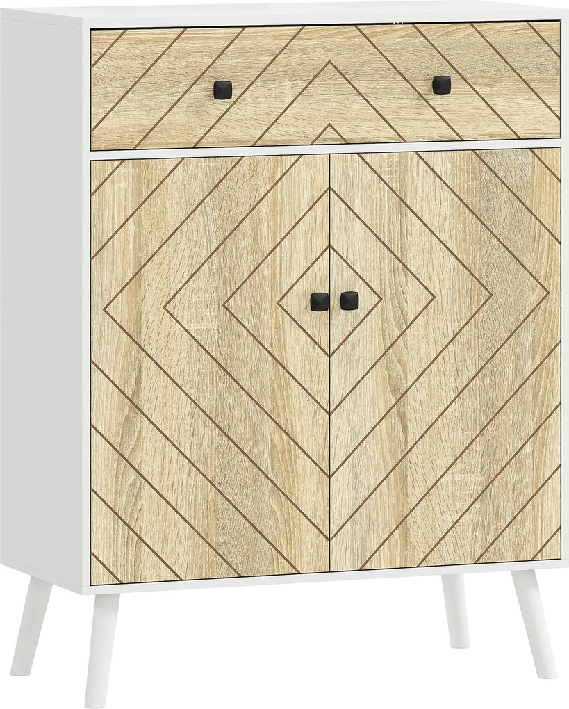 HOMCOM Sapateira de 2 Portas com Design em Espiga Prateleiras Ajustáveis Gaveta para 12 Pares de Sapatos 75x35x97 cm, Branco e Madeira | Aosom Portugal