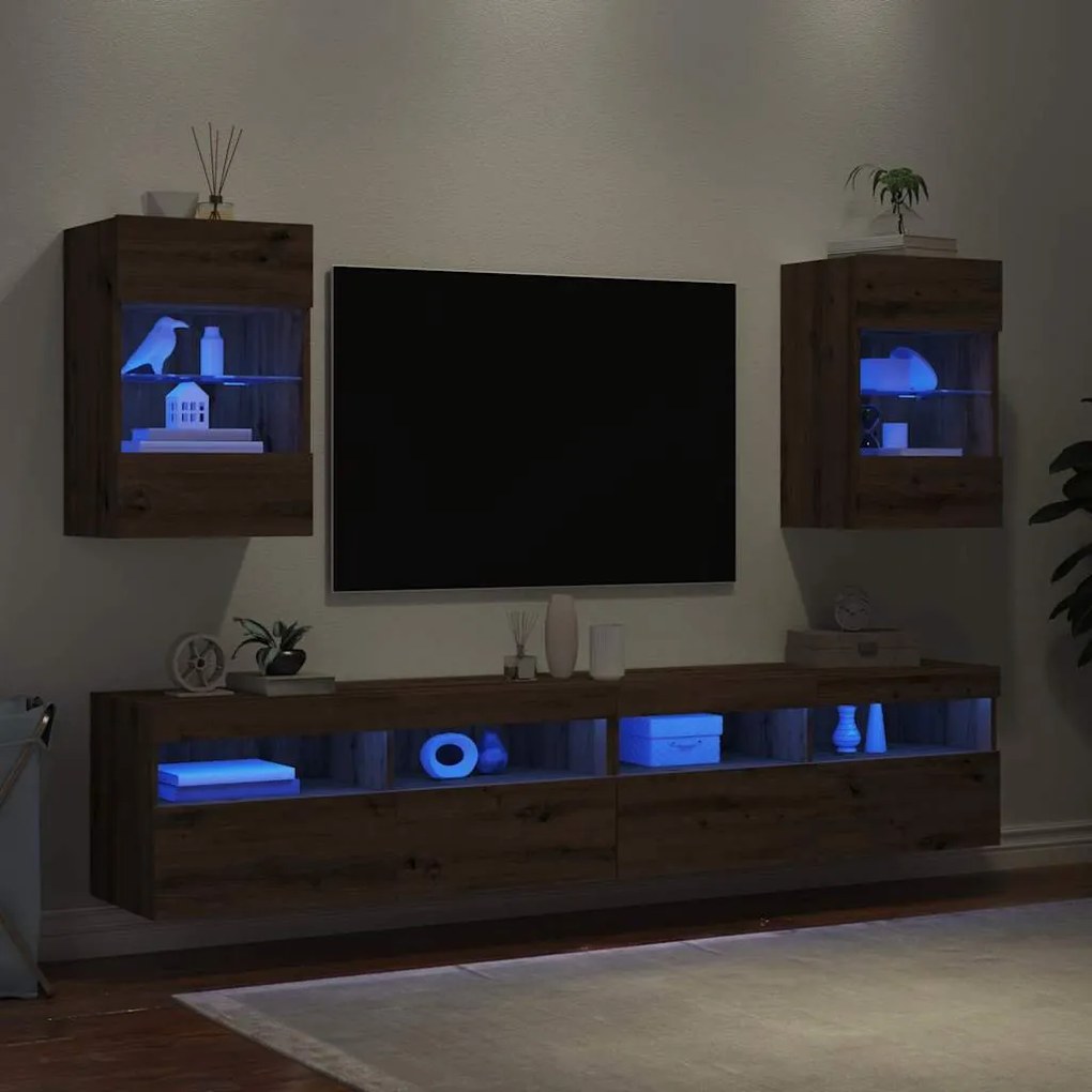 Móveis de parede para TV com luzes LED 2 pcs carvalho artesanal