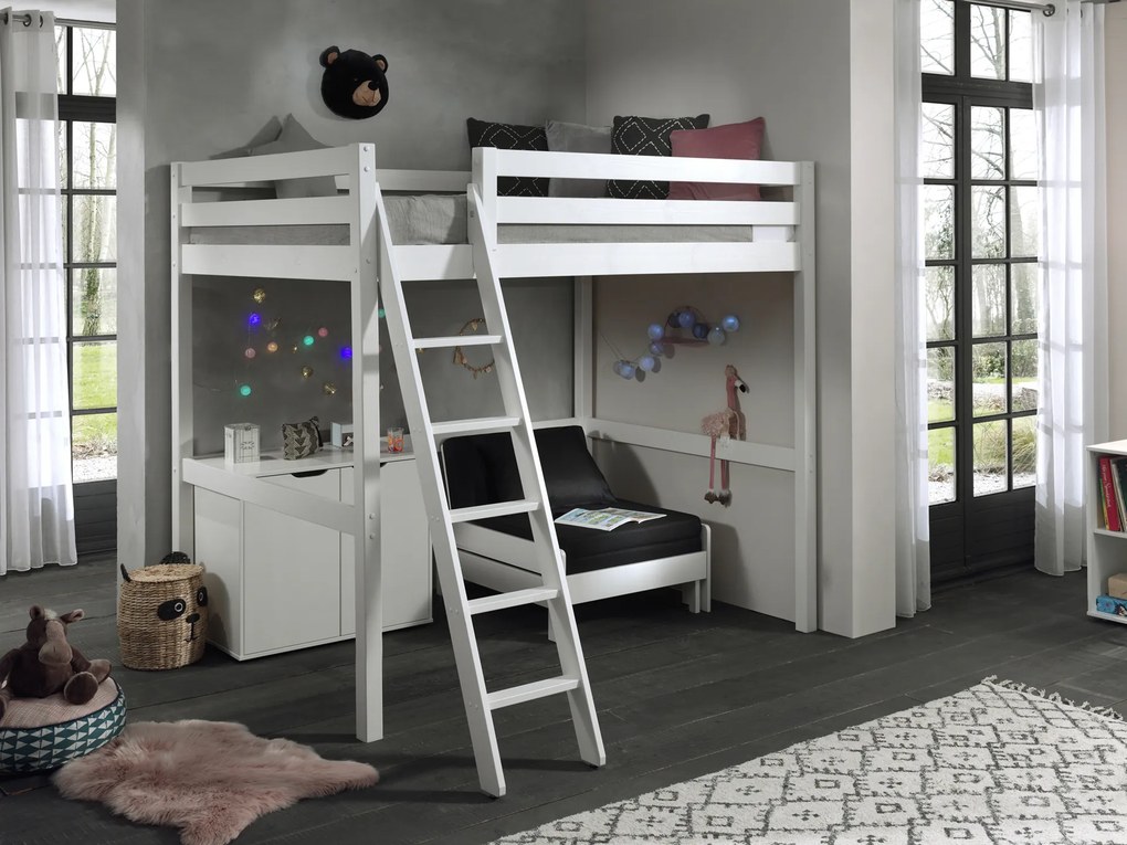 Cama alta de Criança PINO 140 x 200 cm + estrado + escada + armário com 2 portas + sofá-cama Branca