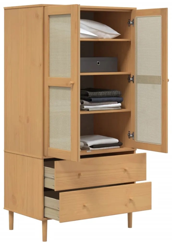 Roupeiro SENJA aspeto vime 90x55x175 cm pinho maciço castanho