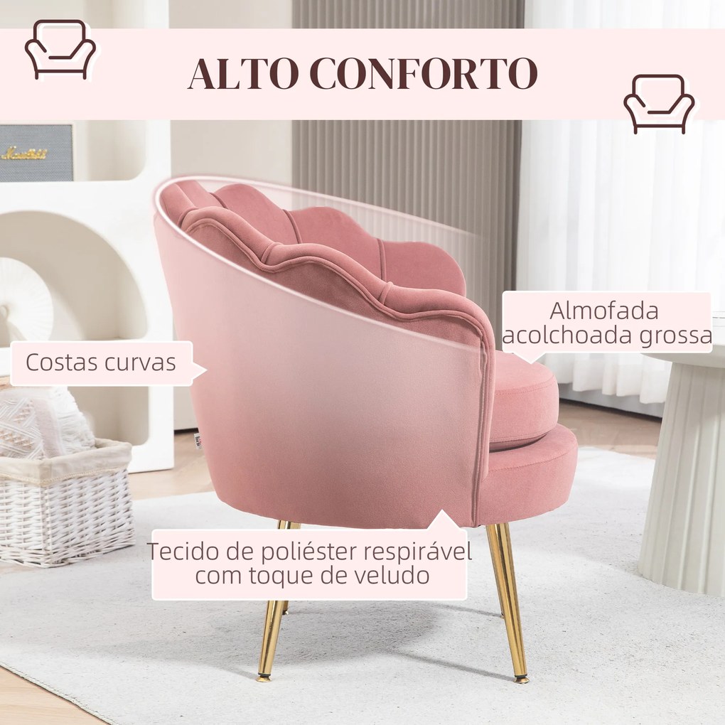 Poltrona de Sala Estofada em Veludo com Encosto em Forma de Concha e Pernas Douradas 76x67x74 cm Rosa