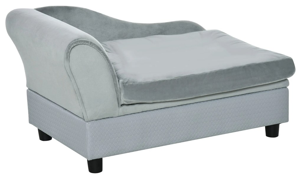 PawHut Sofá Cachorro Sofá para Gatos 76x45x43 cm Sofá para Cães Estofado em Veludo Arrumação Oculta e Almofada Lavável Cinzento Claro | Aosom Portugal