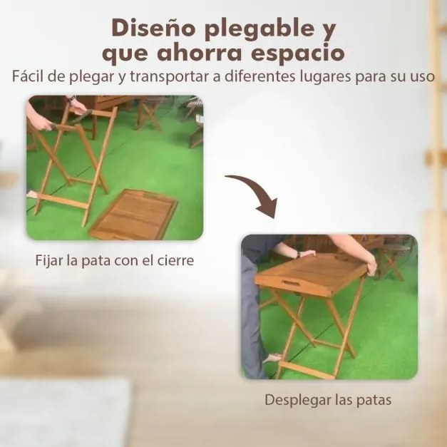 Mesa Jardim ou Casa de apoio de madeira dobrável com tabuleiro de chá amovível Estrutura robusta em forma de X para campismo no pátio 68 x 44 x 74 cm