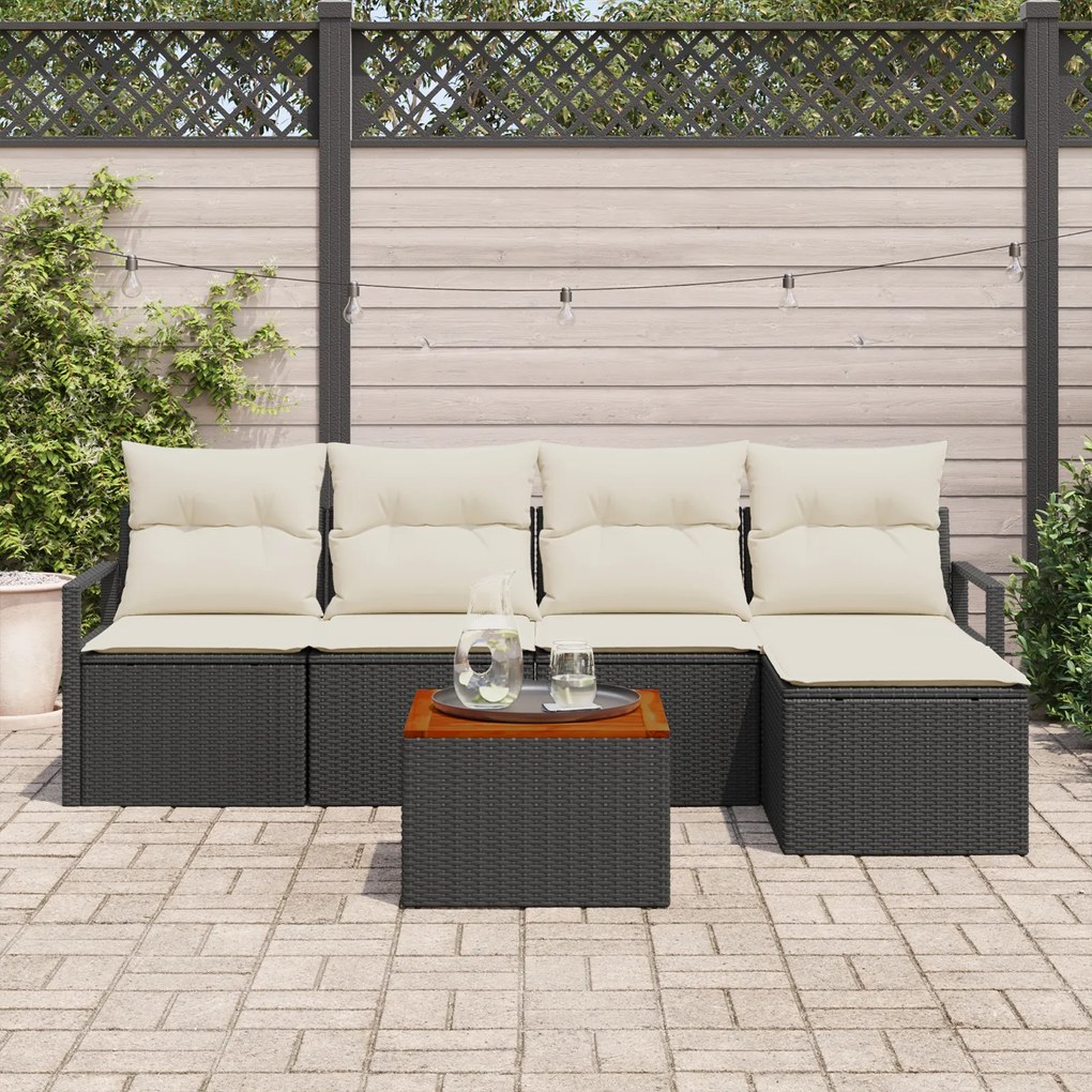 Conjunto de Sofás de Jardim de 6 Peças com Almofadas Preto Rattan Poli