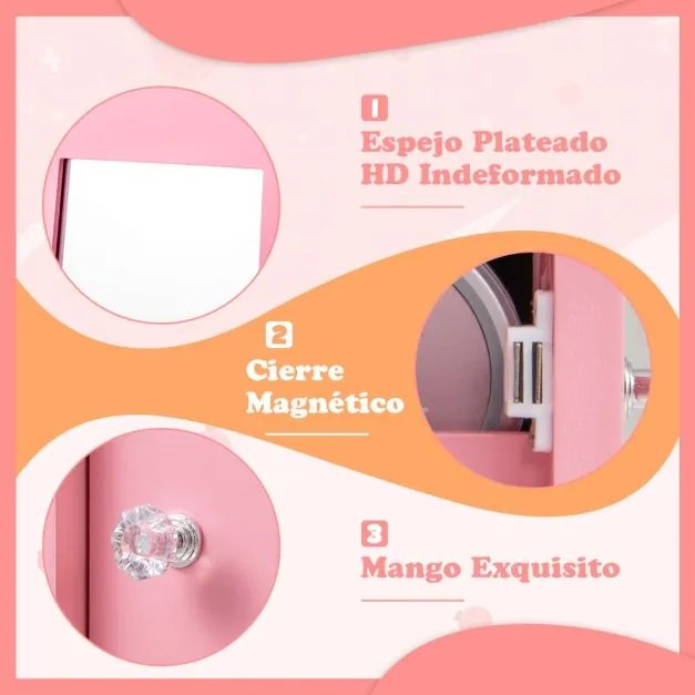 Armario de jóias para crianças com Espelho de corpo inteiro de pé para crianças com base giratória e grande capacidade de armazenamento e Cabide Rosa