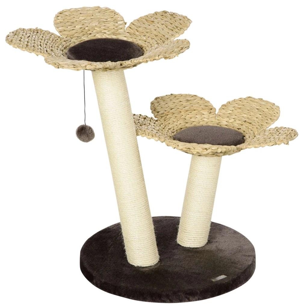 PawHut Árvore Arranhador para Gatos Médios Altura 69cm Torre para Gatos com Cama com Forma de Flor Poste de Sisal e Bola Suspensa para Brincar 50x50x69cm Marrom e Creme