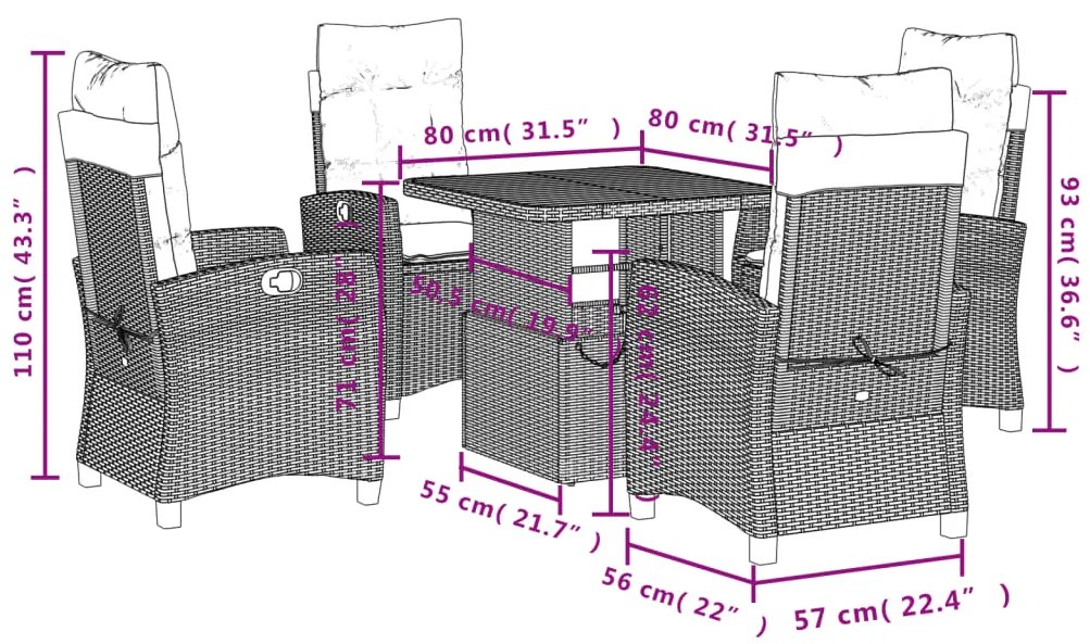 5 pcs conjunto de jantar p/ jardim c/ almofadões vime PE preto