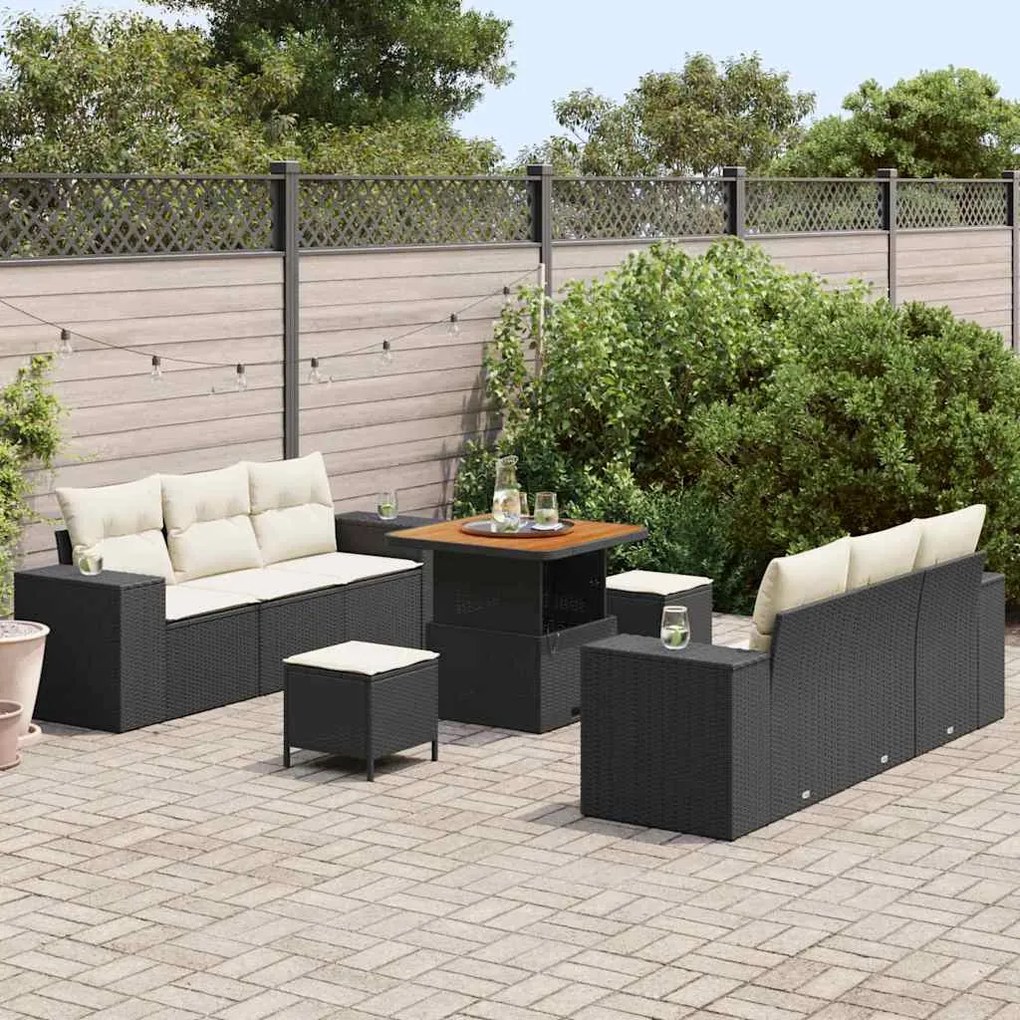 Conjunto de Sofá de Jardim vidaXL de 9 Peças com Almofadas Pretas e Ra