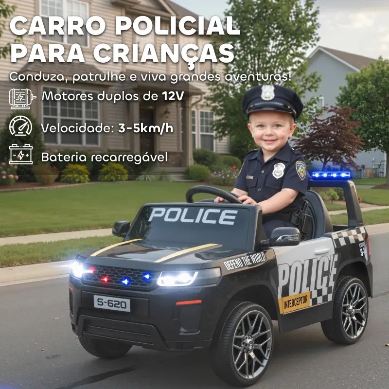 Carro Elétrico para Crianças de Polícia 12V com Motor Duplo Suspensão em 4 Rodas Sirene Faróis LED Porta USB Bluetooth e Música Preto