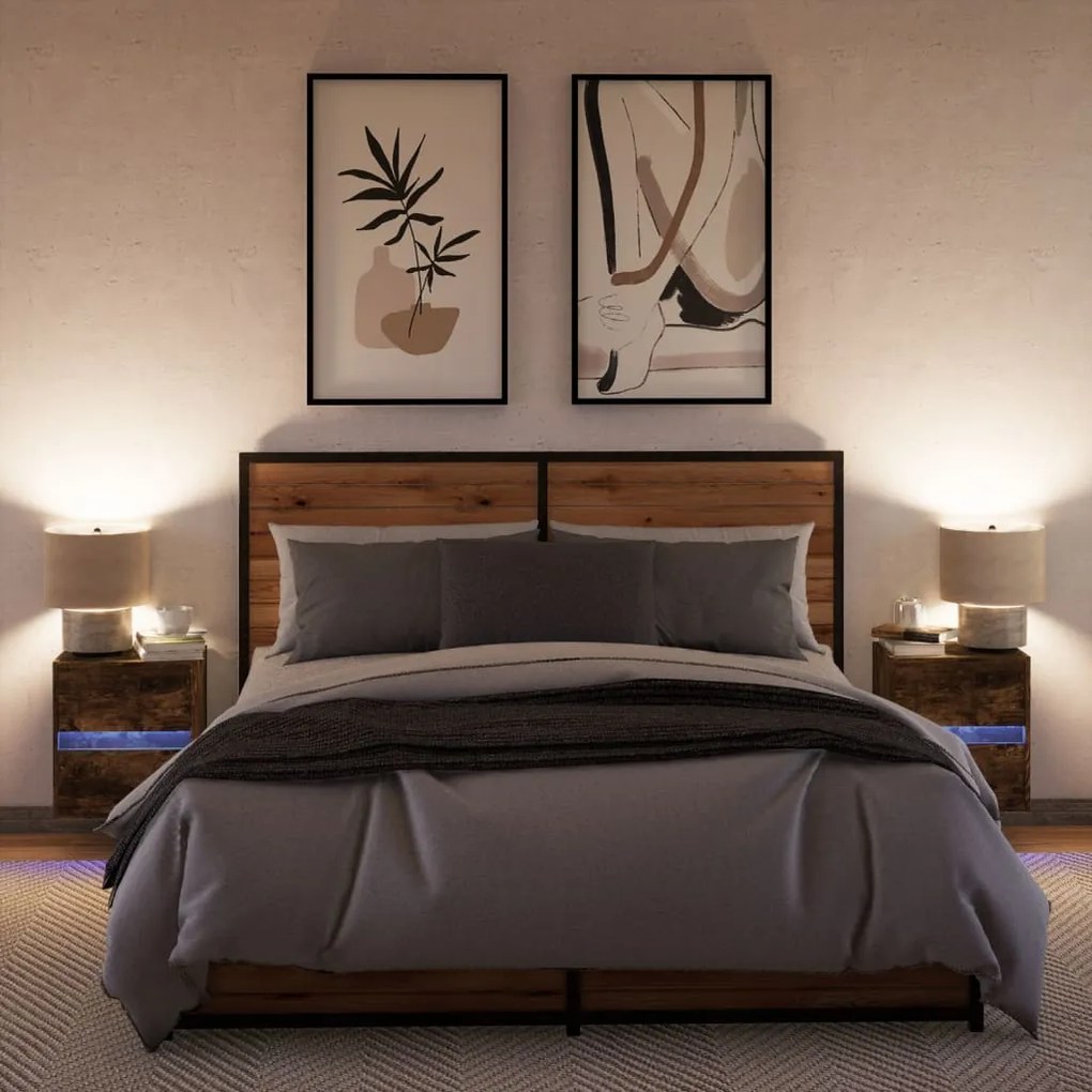 Mesas de cabeceira de parede com luzes LED 2pcs carvalho fumado