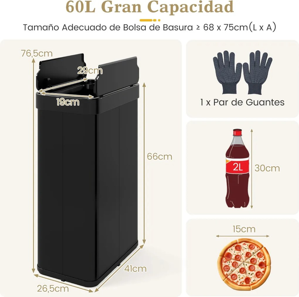 Caixote do lixo 41 x 26,5 x 66 cm de 60 L com tampas basculantes automático com sensor de movimento por infravermelhos preto