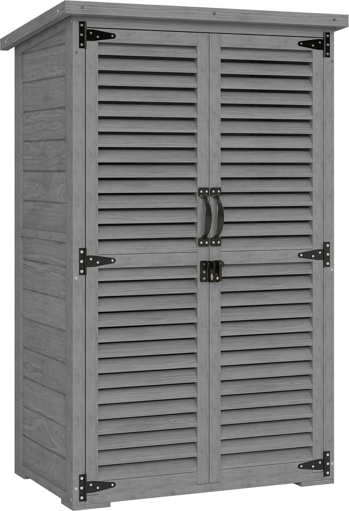 Outsunny Armário de Jardim Depósito Para Ferramentas em Madeira 2 Prateleiras Telhado Betuminoso Portas Venezianas Trancável 75 x 50 x 118cm Cinza | Aosom Portugal