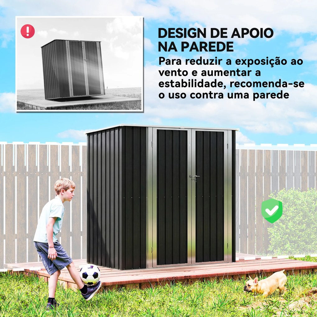 Abrigo de Jardim Exterior Metálico 1,37 m² 163x89x163 cm com Telhado Inclinado, Portas com Fecho e Luvas Cinzento