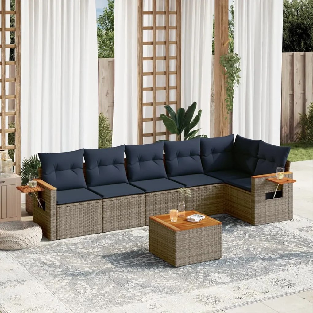 vidaXL 7 pcs conjunto sofás p/ jardim c/ almofadões vime PE cinzento