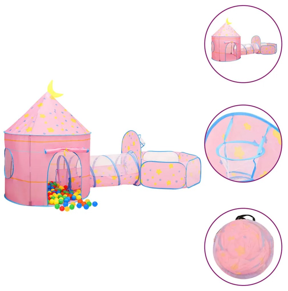 3107736 vidaXL Tenda de brincar infantil com 250 bolas 301x120x128 cm rosa