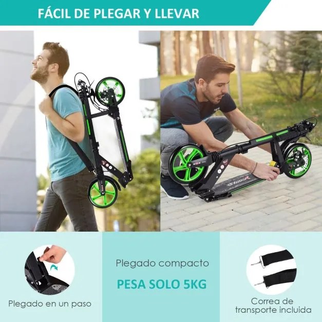 Trotinete dobrável com rodas e guiador ajustável para crianças + 8 anos  95 x 37 x 86,5-101 cm Verde