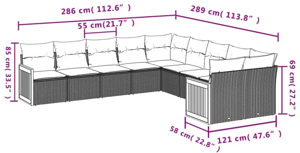 10 pcs conjunto sofás de jardim c/ almofadões vime PE preto