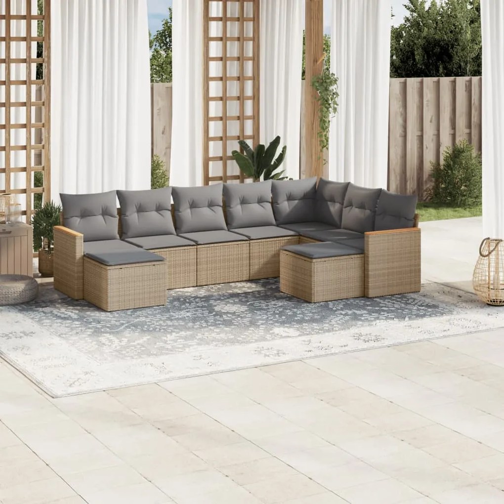 vidaXL 9 pcs conj. sofás jardim c/ almofadões vime PE bege misturado