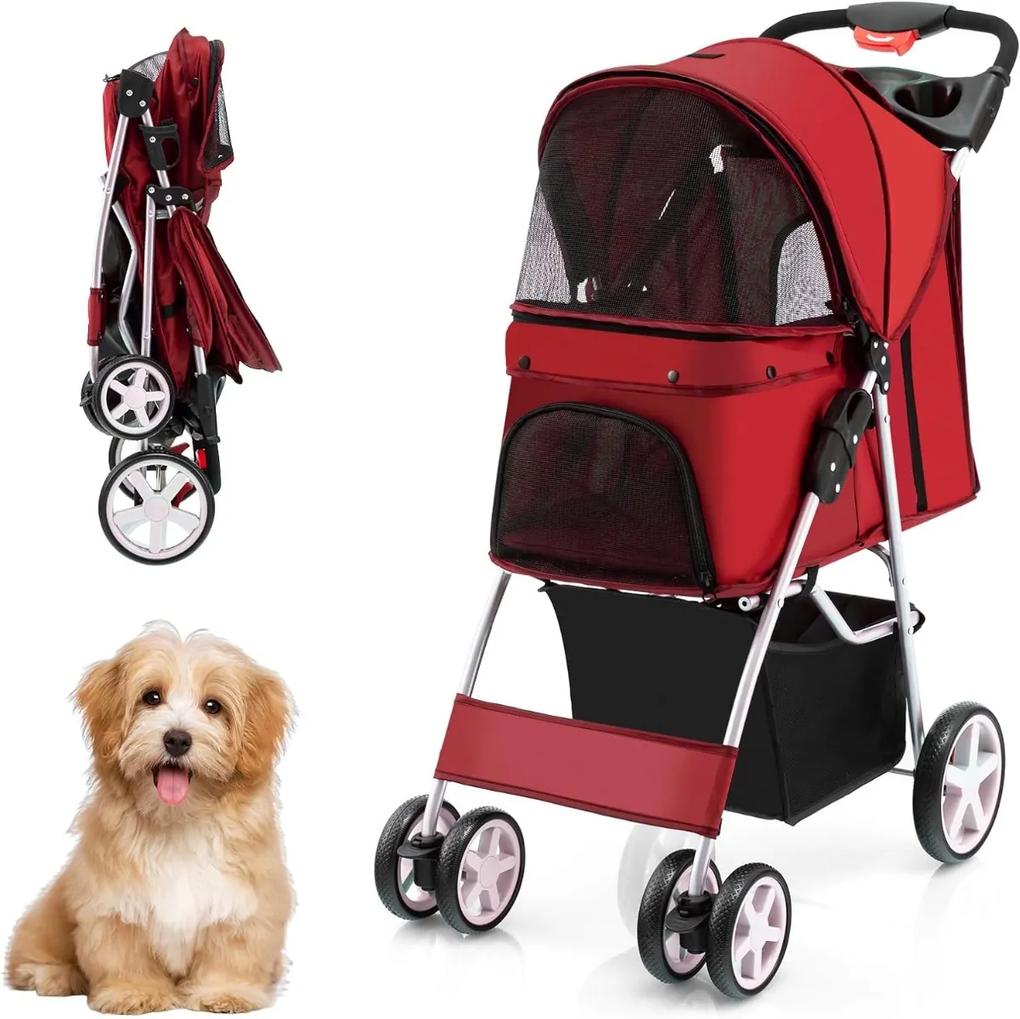 Carrinho de passeio dobrável para animais de estimação, 4 rodas, portátil, para gatos/cães, com janela de cesta, 87 x 46 x 102 cm Vermelho
