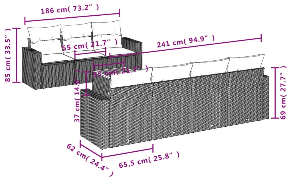 8 pcs conj. sofás jardim c/ almofadões vime PE bege misturado