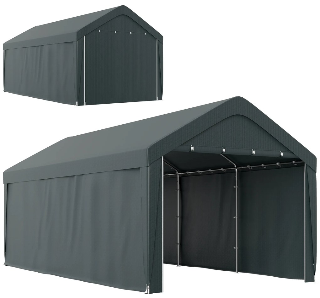 Outsunny Abrigo de Exterior 6x3 m Garagem de Exterior para Carros Anti UV com Paredes Laterais Desmontáveis e 2 Portas Cinza Escuro | Aosom Portugal