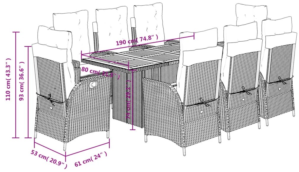 9 pcs conjunto de jantar p/ jardim c/ almofadões vime PE preto